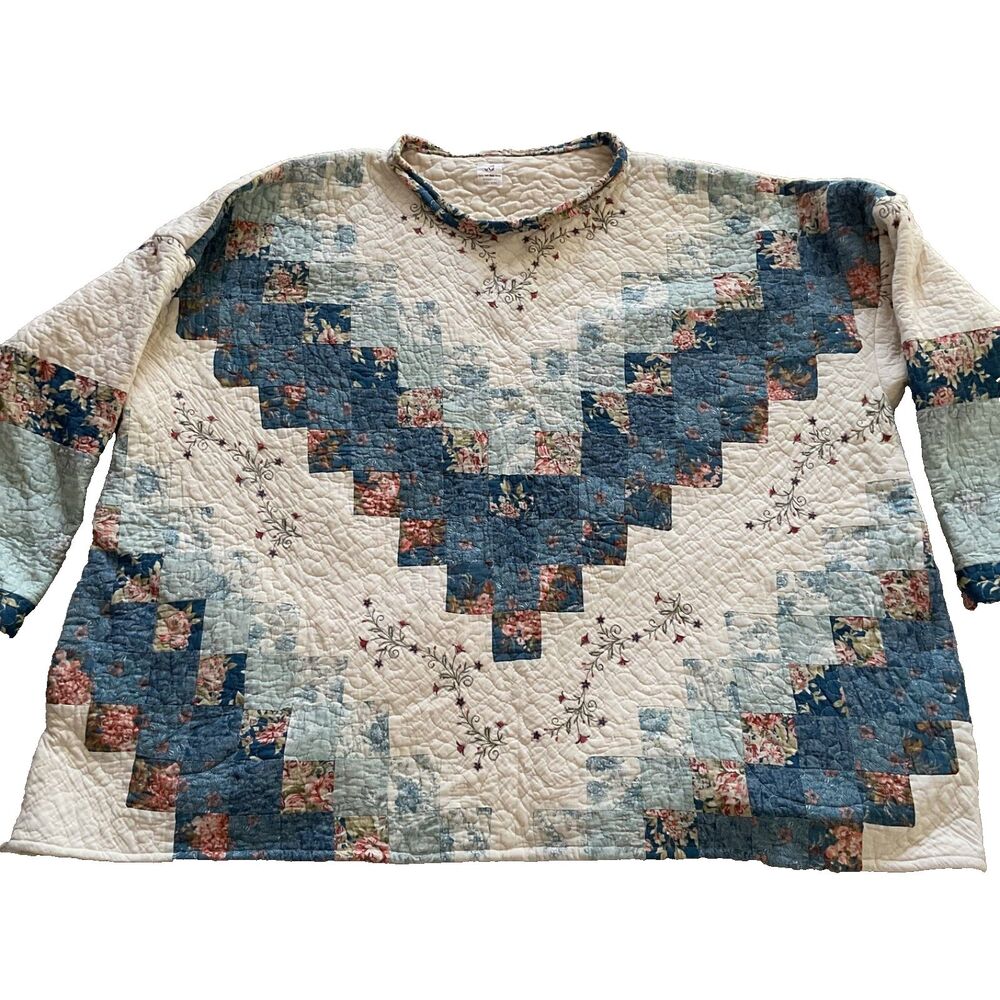 Handmade Vintage Quilt Patchwork Jacket Blue Ivor… - image 7